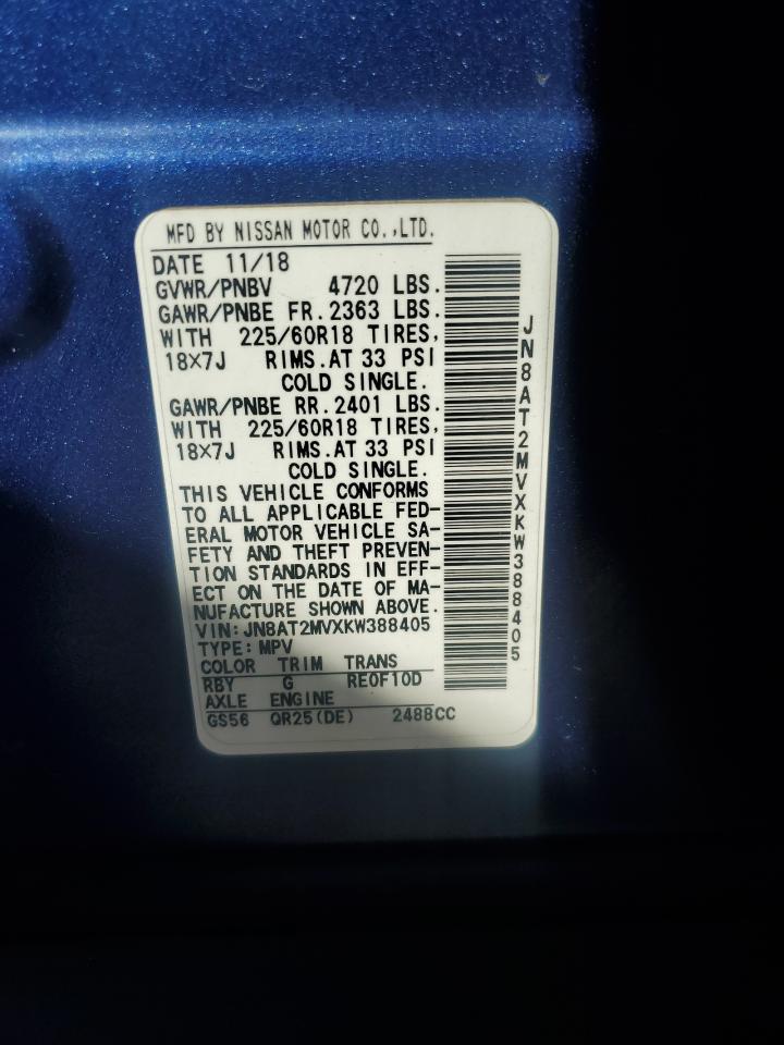 2019 Nissan Rogue S VIN: JN8AT2MVXKW388405 Lot: 93437945