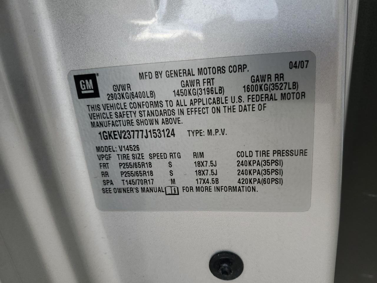 2007 GMC Acadia Slt-1 VIN: 1GKEV23777J153124 Lot: 91842105