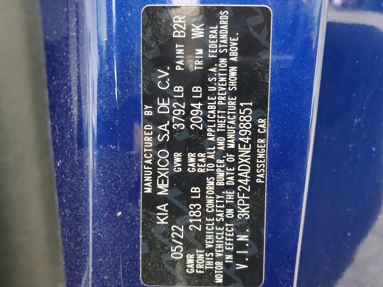 2022 Kia Forte Fe VIN: 3KPF24ADXNE498851 Lot: 91804945