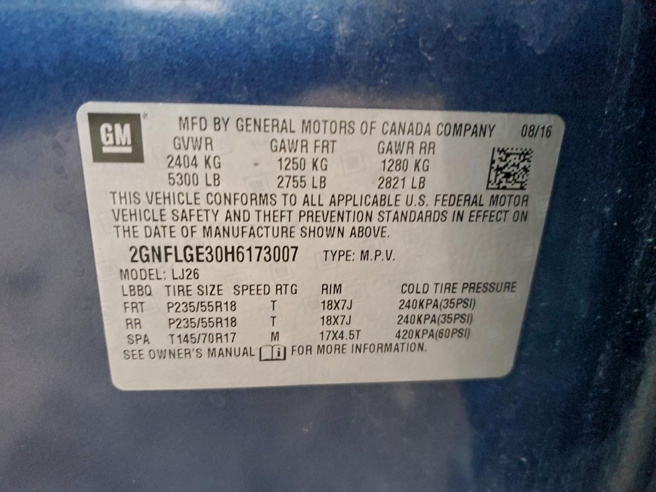 2017 Chevrolet Equinox Premier VIN: 2GNFLGE30H6173007 Lot: 94783255