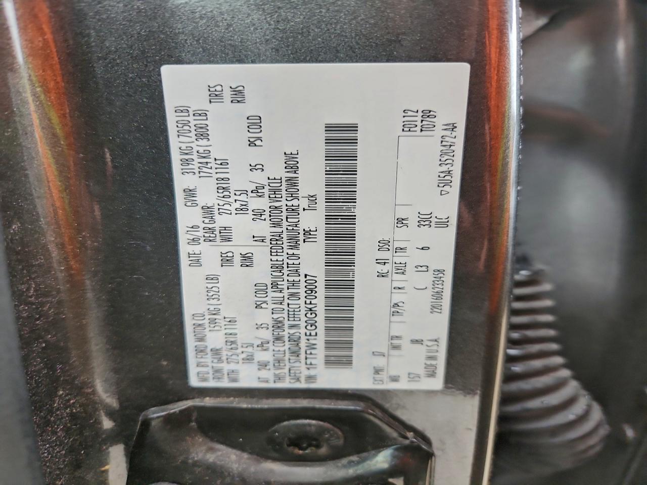 2016 Ford F150 Supercrew VIN: 1FTFW1EG0GKF09007 Lot: 94491115