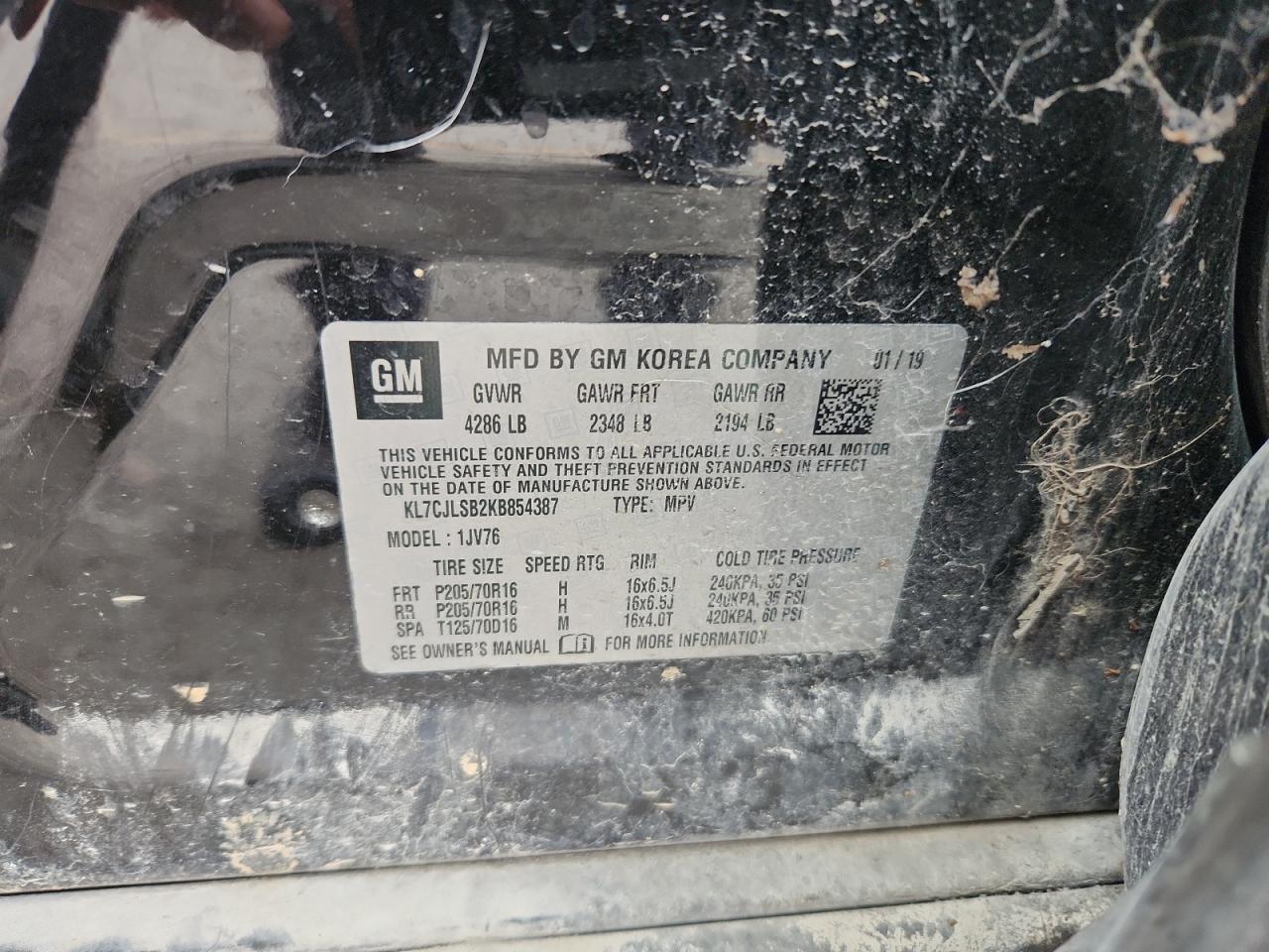 2019 Chevrolet Trax 1Lt VIN: KL7CJLSB2KB854387 Lot: 92879375