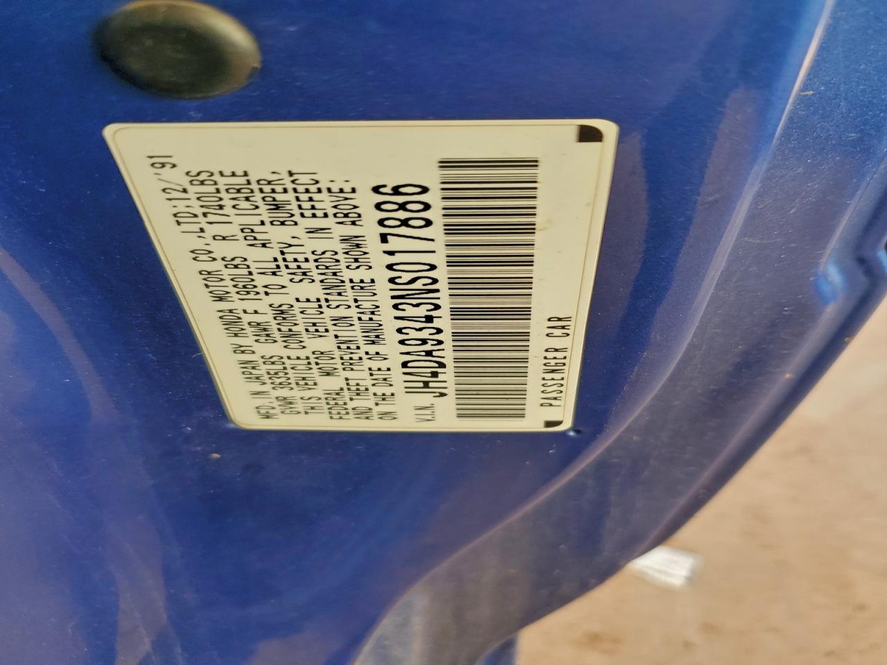 1992 Acura Integra Rs VIN: JH4DA9343NS017886 Lot: 94724325