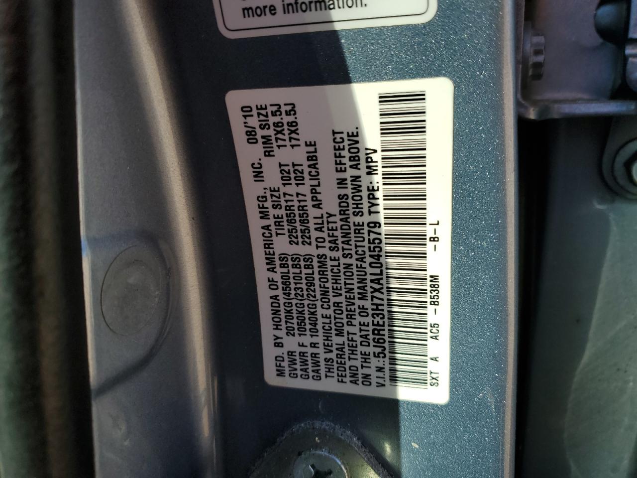 2010 Honda Cr-V Exl VIN: 5J6RE3H7XAL045579 Lot: 93055645