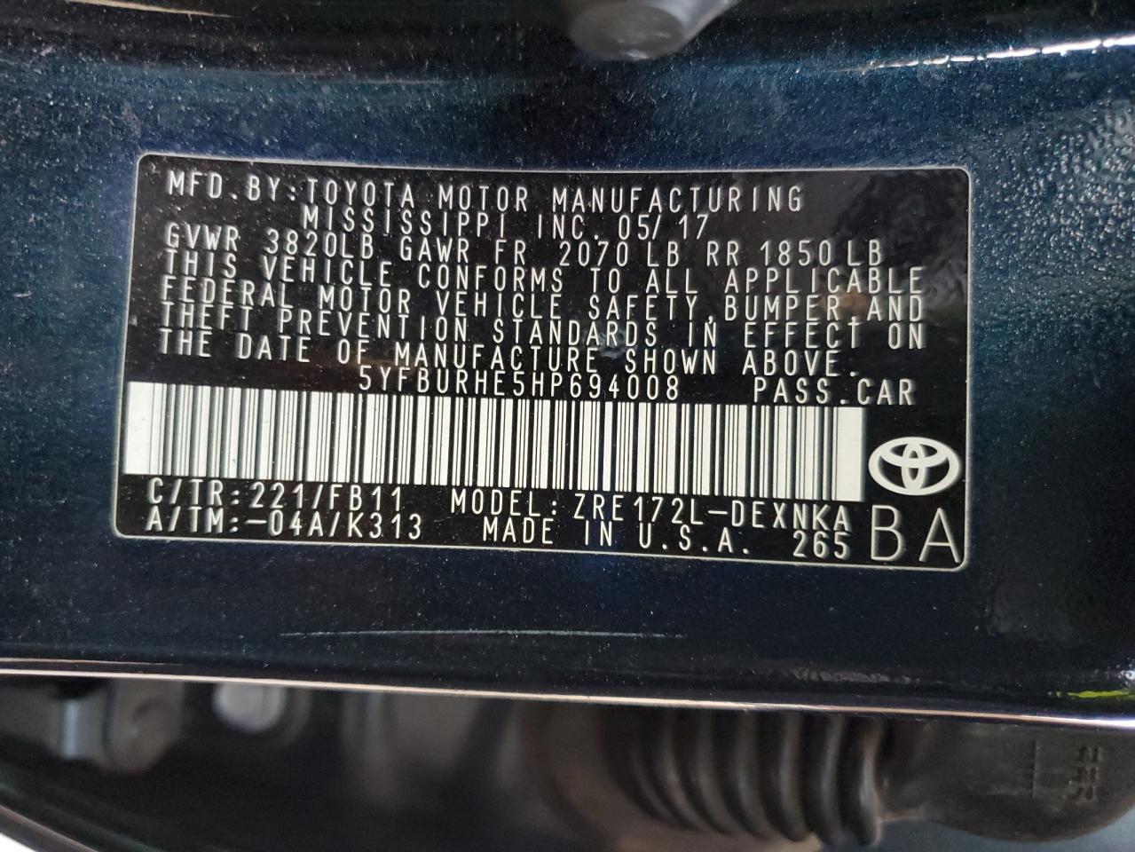 2017 Toyota Corolla L VIN: 5YFBURHE5HP694008 Lot: 93288475