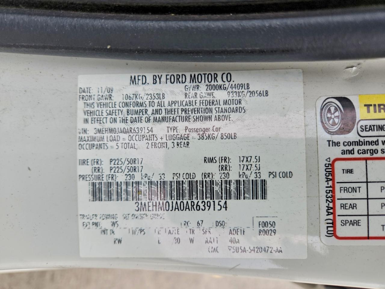 2010 Mercury Milan Premier VIN: 3MEHM0JA0AR639154 Lot: 93344795