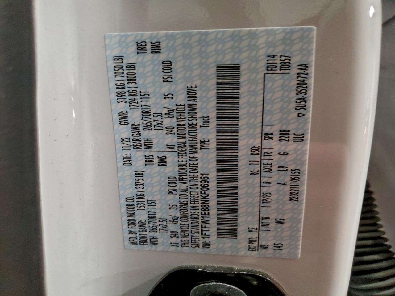 2022 Ford F150 Supercrew VIN: 1FTFW1E88NKF06961 Lot: 93968485