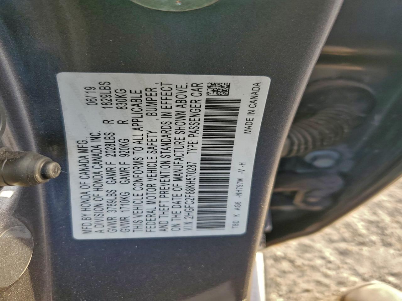 2019 Honda Civic Sport VIN: 2HGFC2F88KH570287 Lot: 91295255