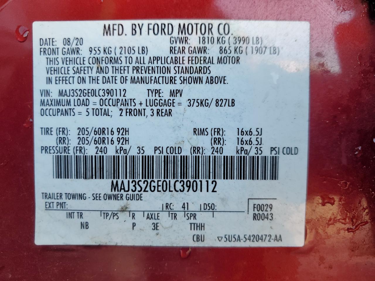 2020 Ford Ecosport Se VIN: MAJ3S2GE0LC390112 Lot: 93408425