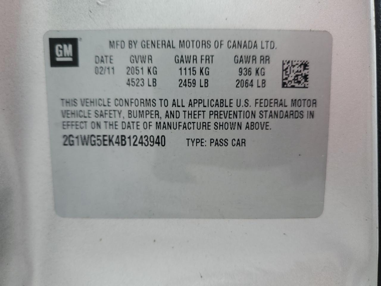 2011 Chevrolet Impala Lt VIN: 2G1WG5EK4B1243940 Lot: 91599045