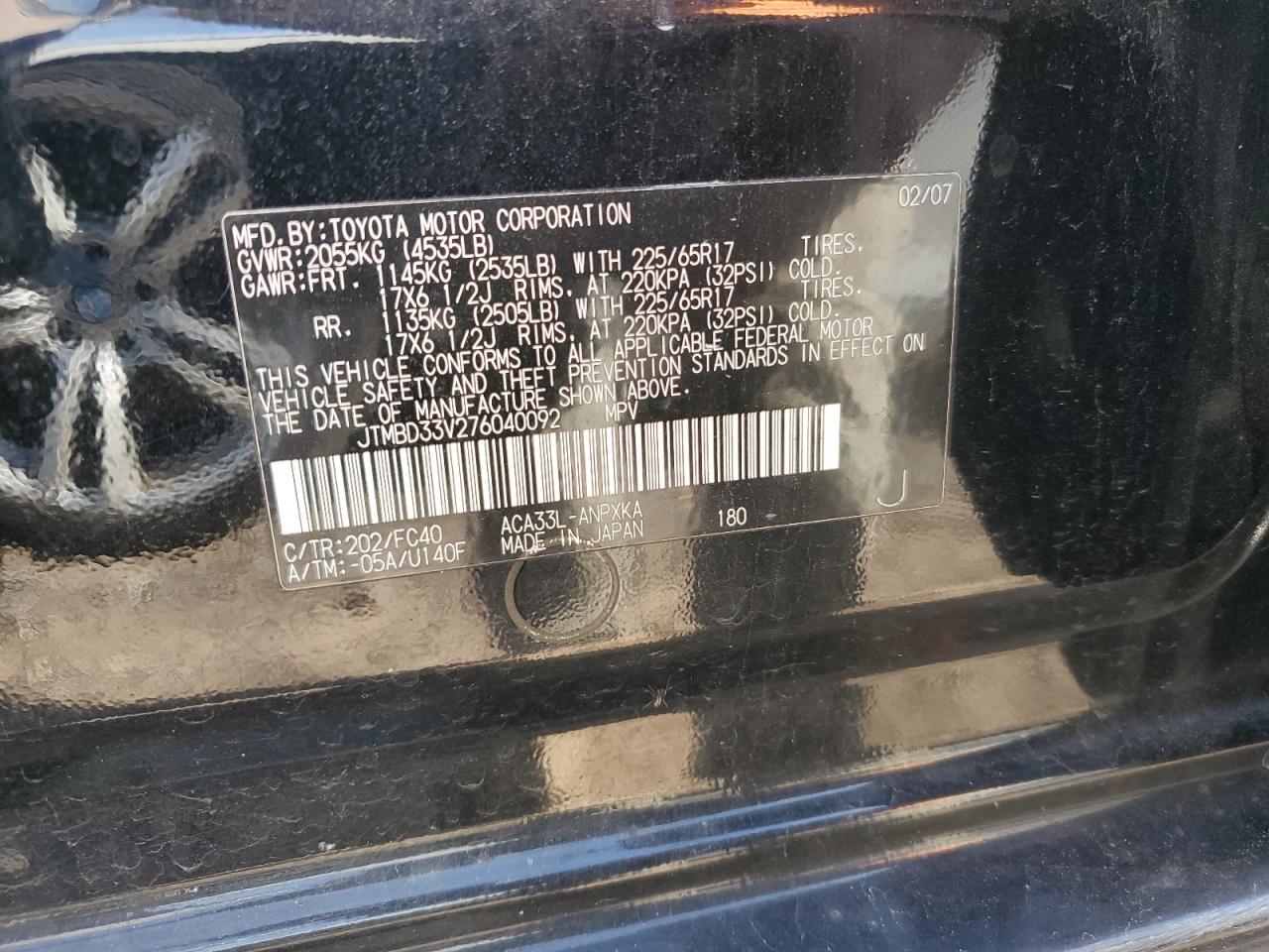 2007 Toyota Rav4 VIN: JTMBD33V276040092 Lot: 91192435