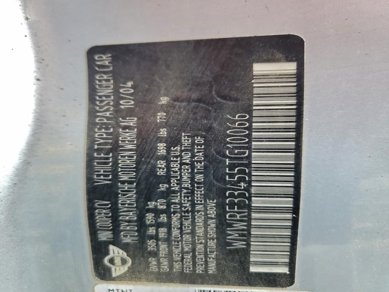 2005 Mini Cooper VIN: WMWRF33455TG10066 Lot: 93005205