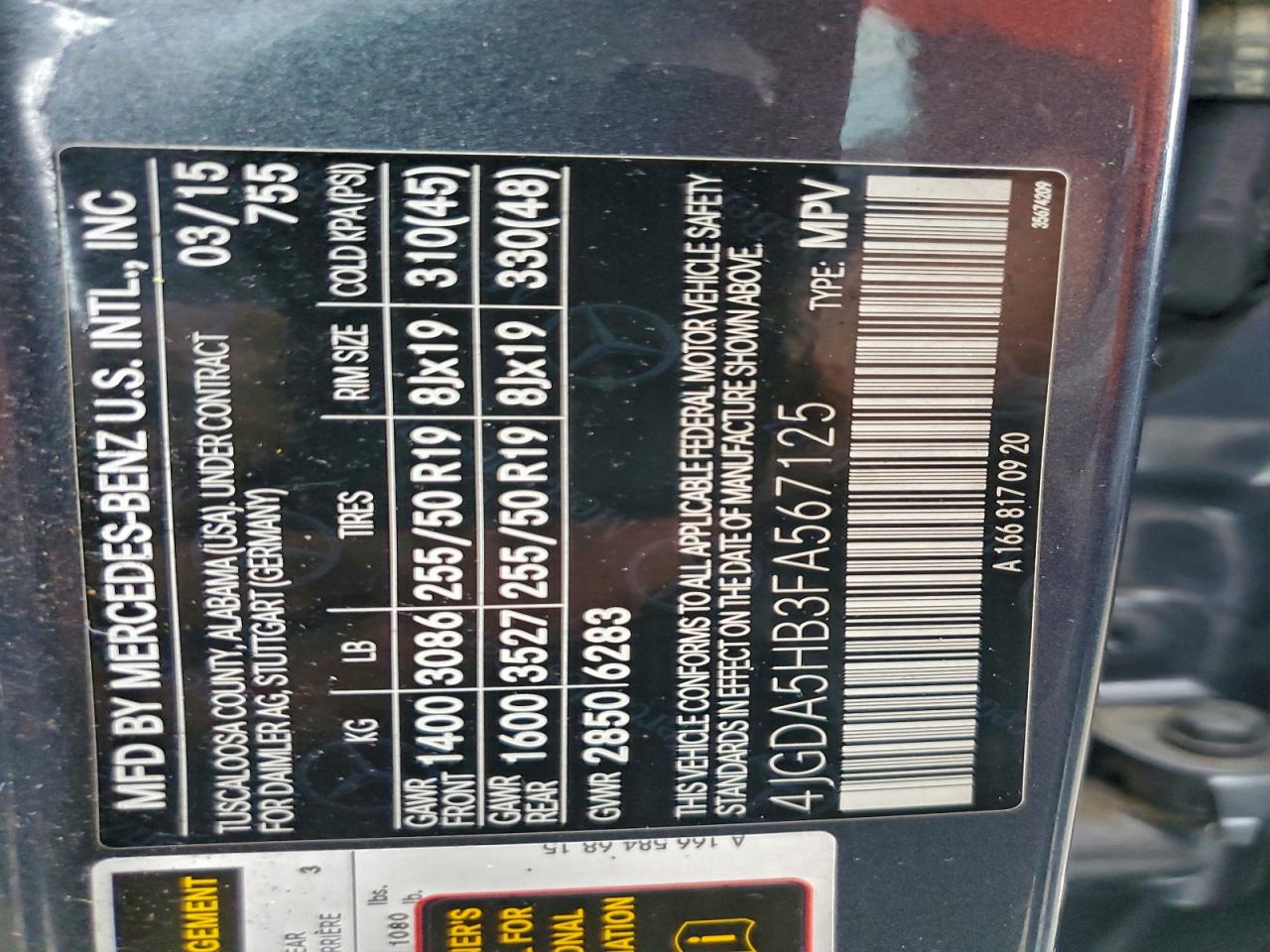 2015 Mercedes-Benz Ml 350 4Matic VIN: 4JGDA5HB3FA567125 Lot: 94537425