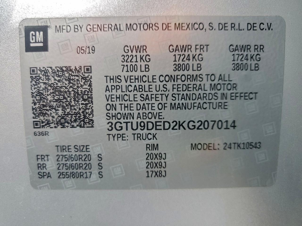 2019 GMC Sierra K1500 Slt VIN: 3GTU9DED2KG207014 Lot: 94189165