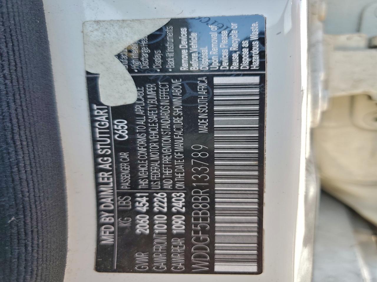 2011 Mercedes-Benz C 300 VIN: WDDGF5EB8BR133789 Lot: 93106005