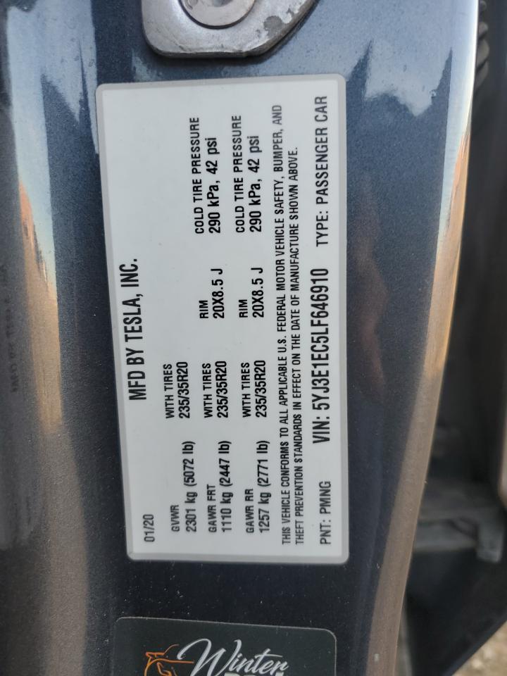 2020 Tesla Model 3 VIN: 5YJ3E1EC5LF646910 Lot: 91648745