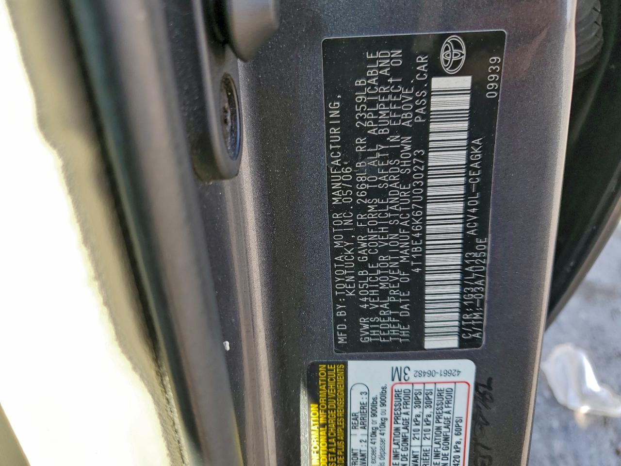 2007 Toyota Camry Ce VIN: 4T1BE46K67U030273 Lot: 94545955