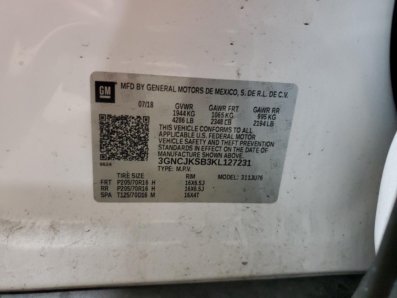 2019 Chevrolet Trax Ls VIN: 3GNCJKSB3KL127231 Lot: 93131505