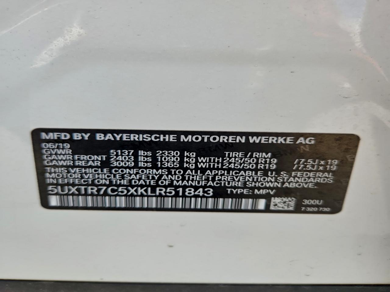 2019 BMW X3 Sdrive30I VIN: 5UXTR7C5XKLR51843 Lot: 94072505