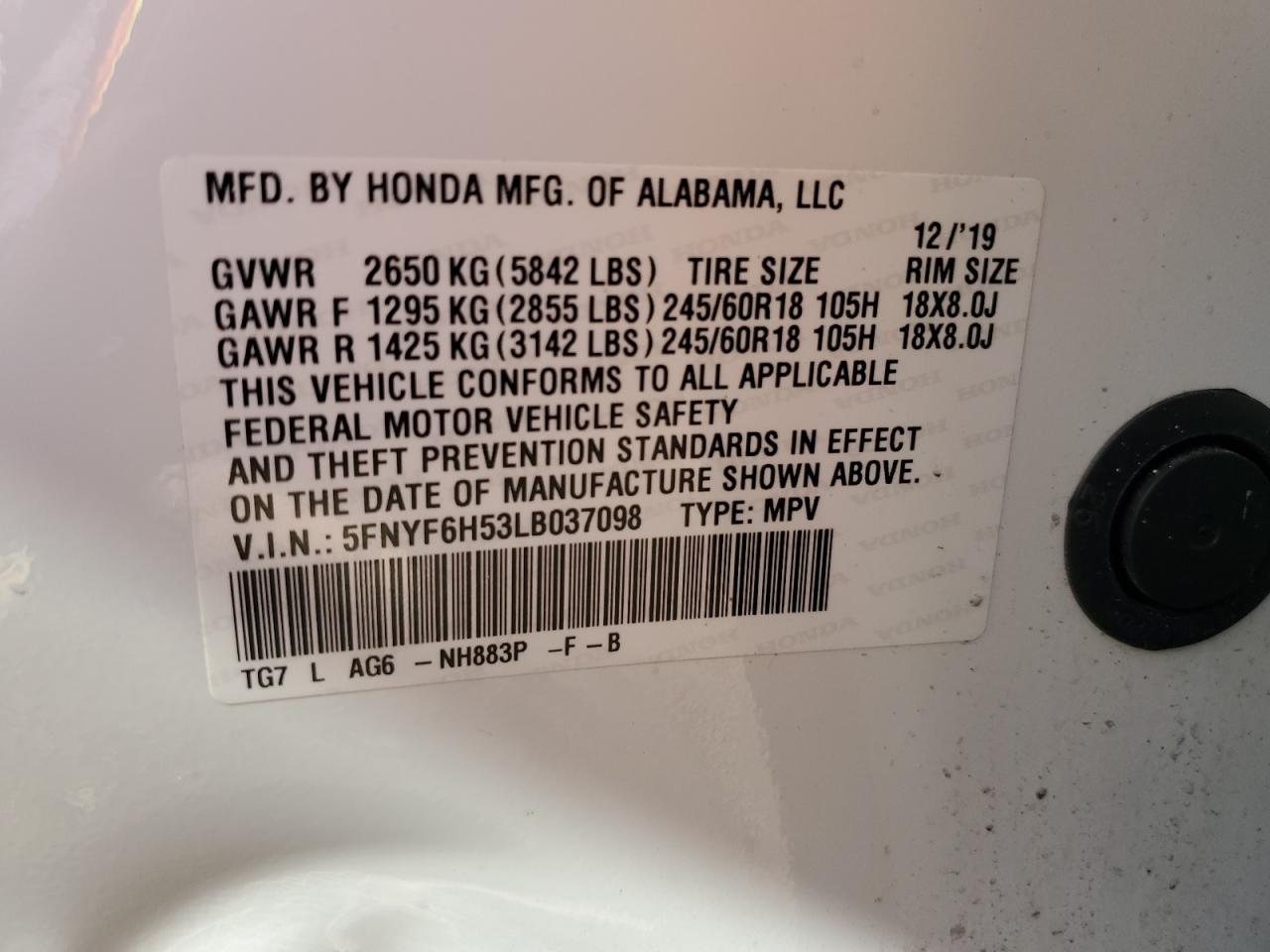 2020 Honda Pilot Exl VIN: 5FNYF6H53LB037098 Lot: 91227545