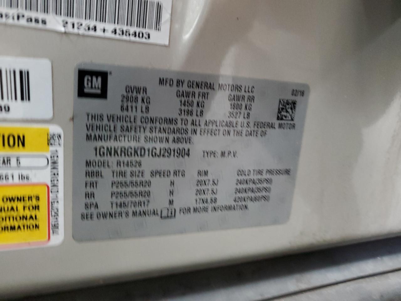 2016 Chevrolet Traverse Lt VIN: 1GNKRGKD1GJ291904 Lot: 93400555