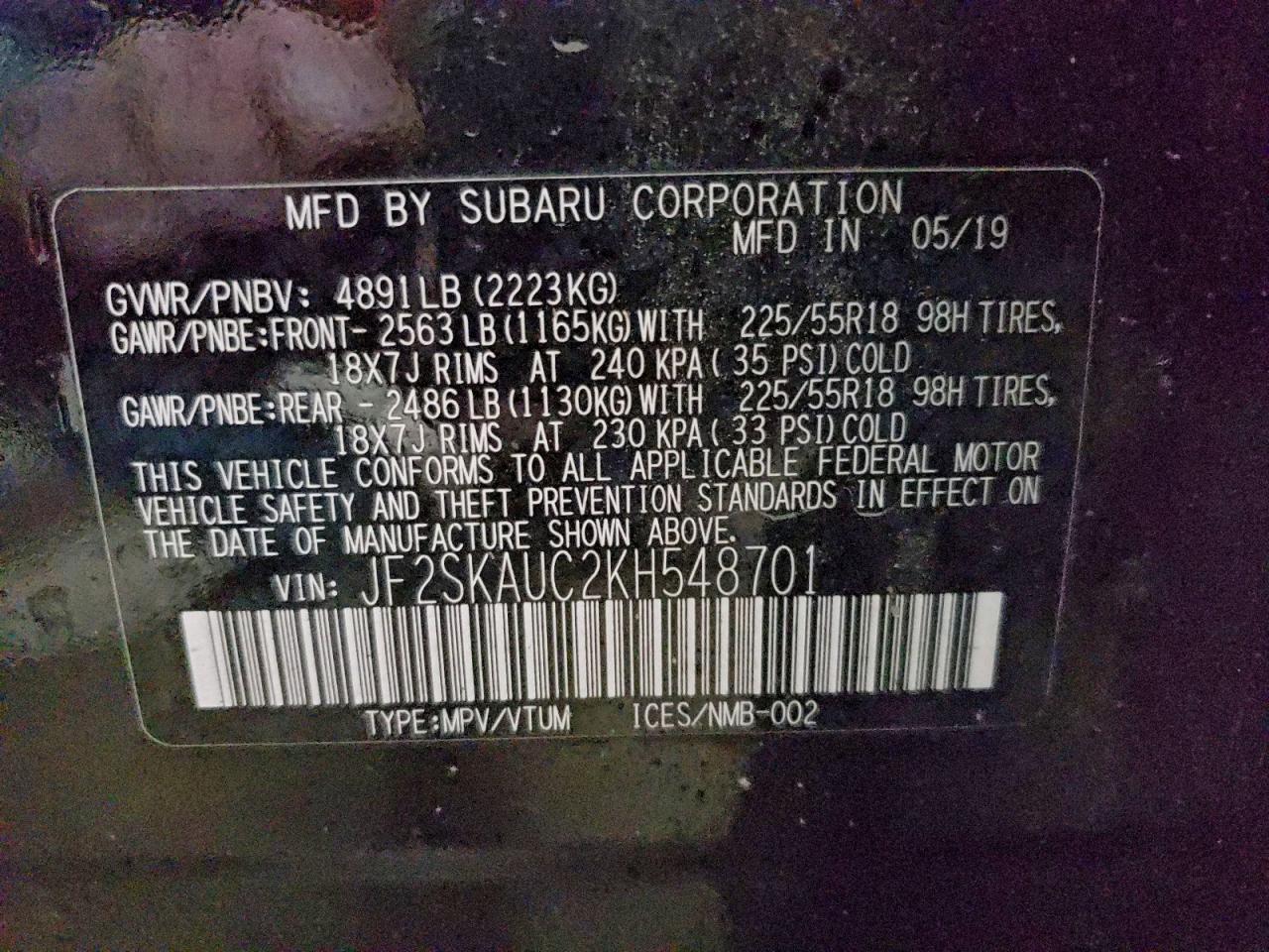 2019 Subaru Forester Limited VIN: JF2SKAUC2KH548701 Lot: 93098485