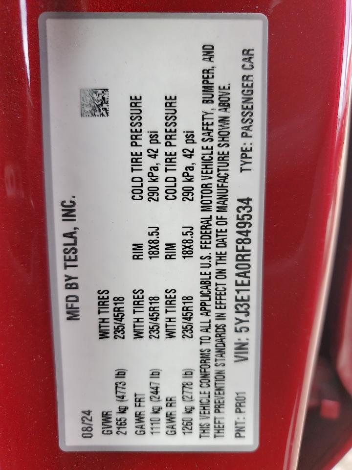 2024 Tesla Model 3 VIN: 5YJ3E1EA0RF849534 Lot: 92130865