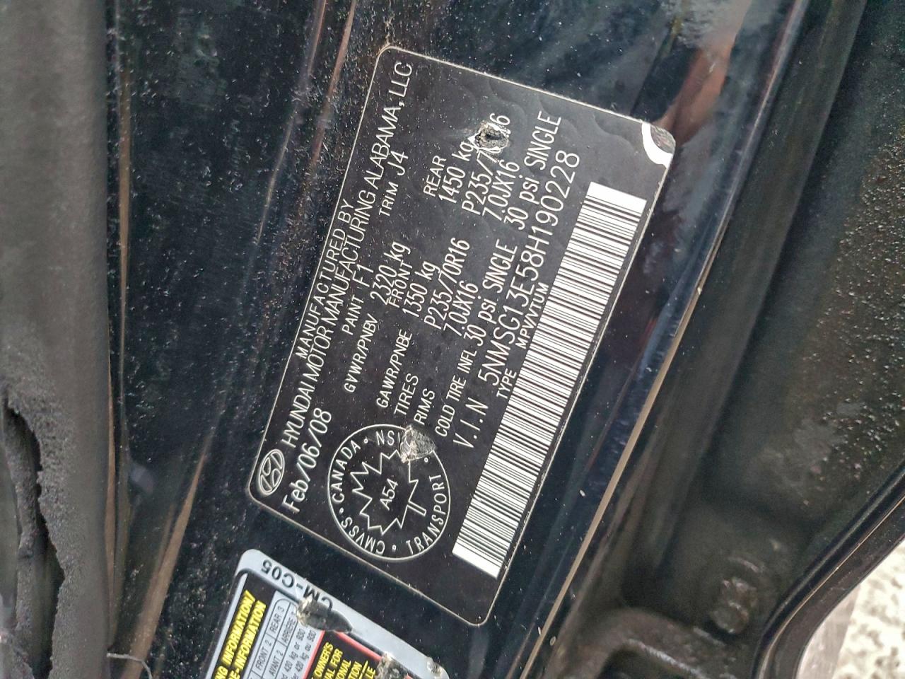 2008 Hyundai Santa Fe Gl VIN: 5NMSG13E58H190228 Lot: 92179095