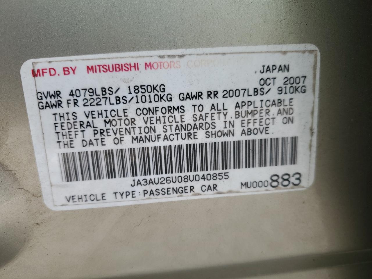 2008 Mitsubishi Lancer Es VIN: JA3AU26U08U040855 Lot: 91621535