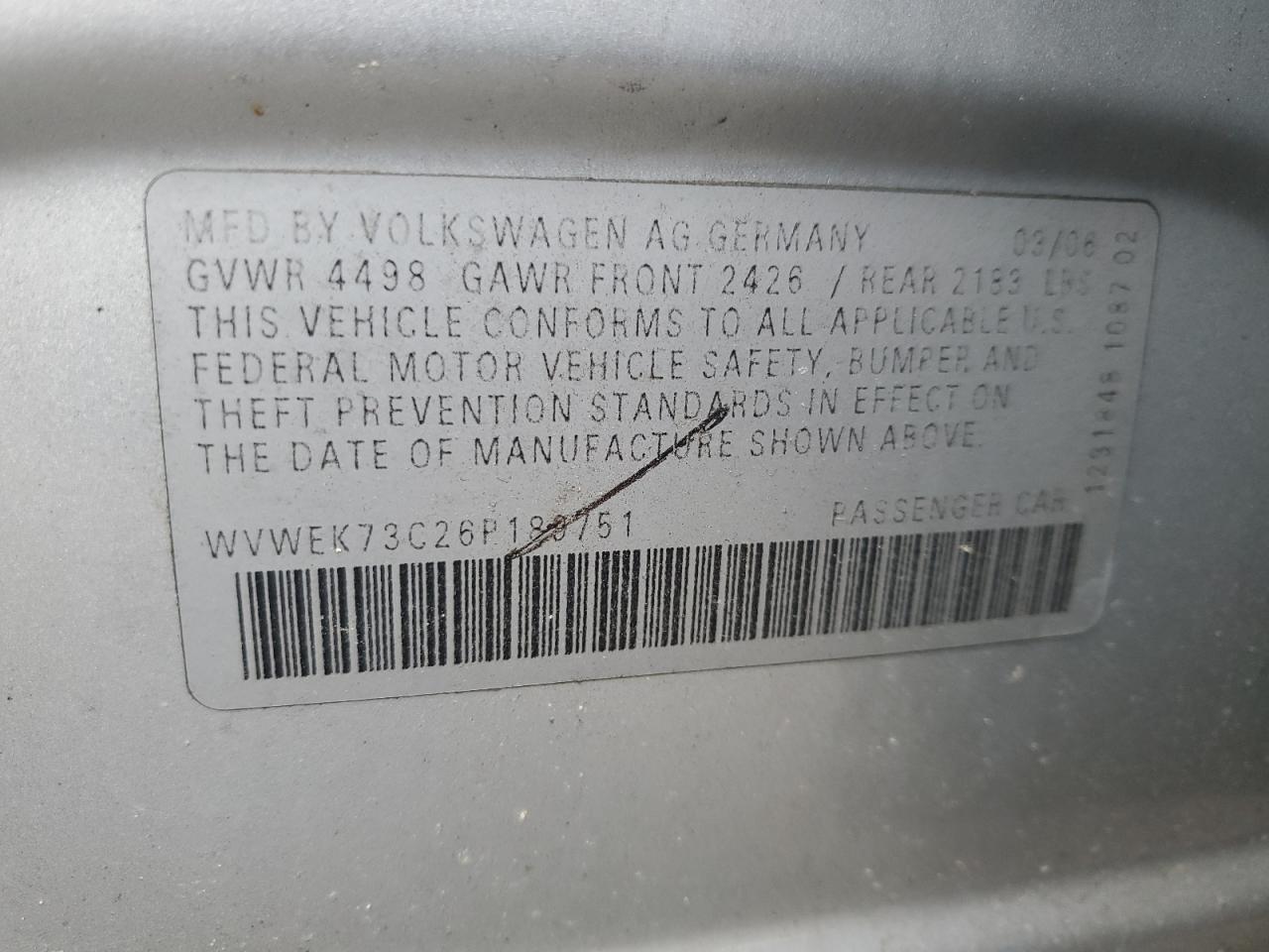 2006 Volkswagen Passat 2.0T Luxury VIN: WVWEK73C26P189751 Lot: 92800065