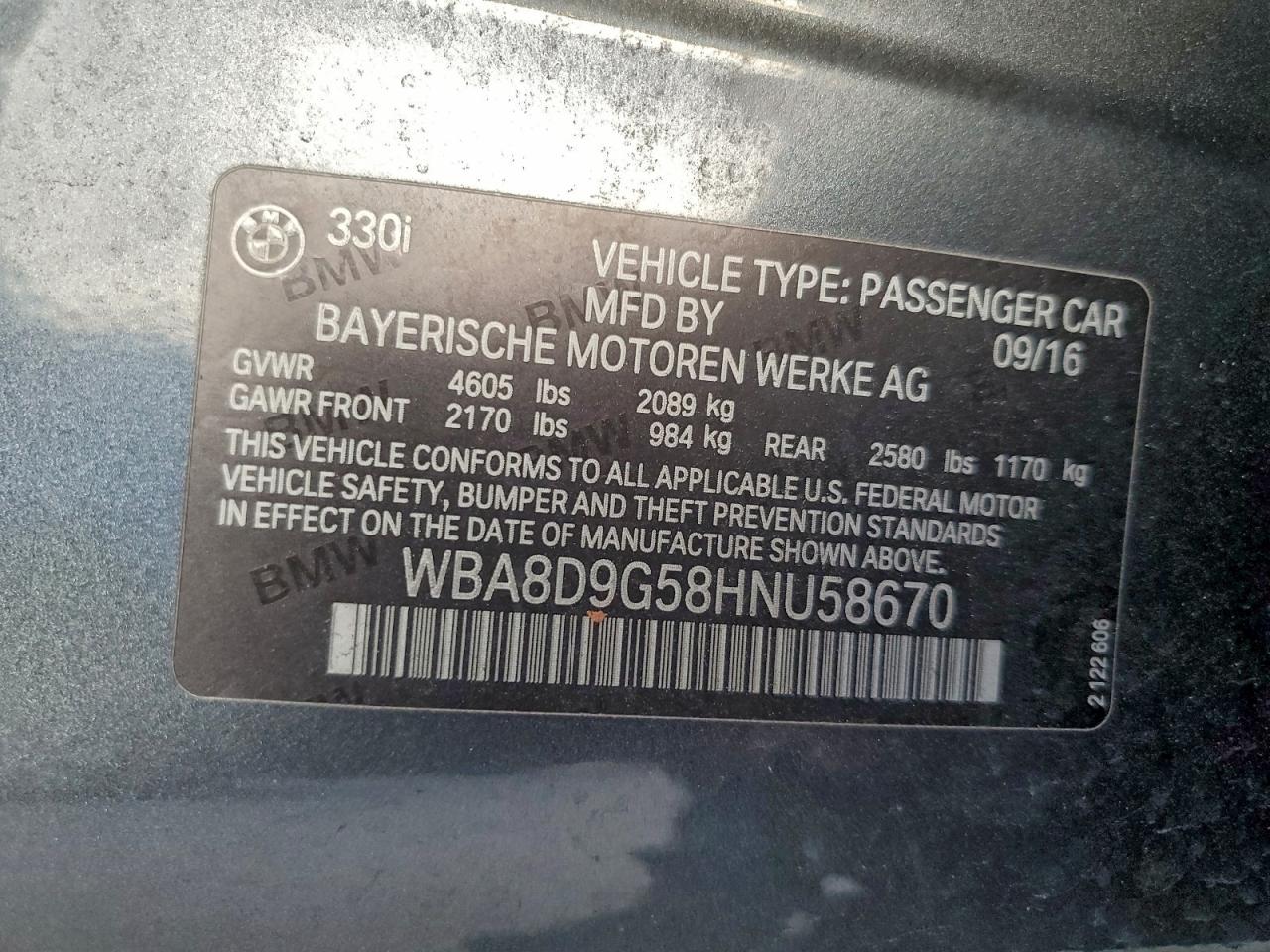 2017 BMW 330 Xi VIN: WBA8D9G58HNU58670 Lot: 93464735