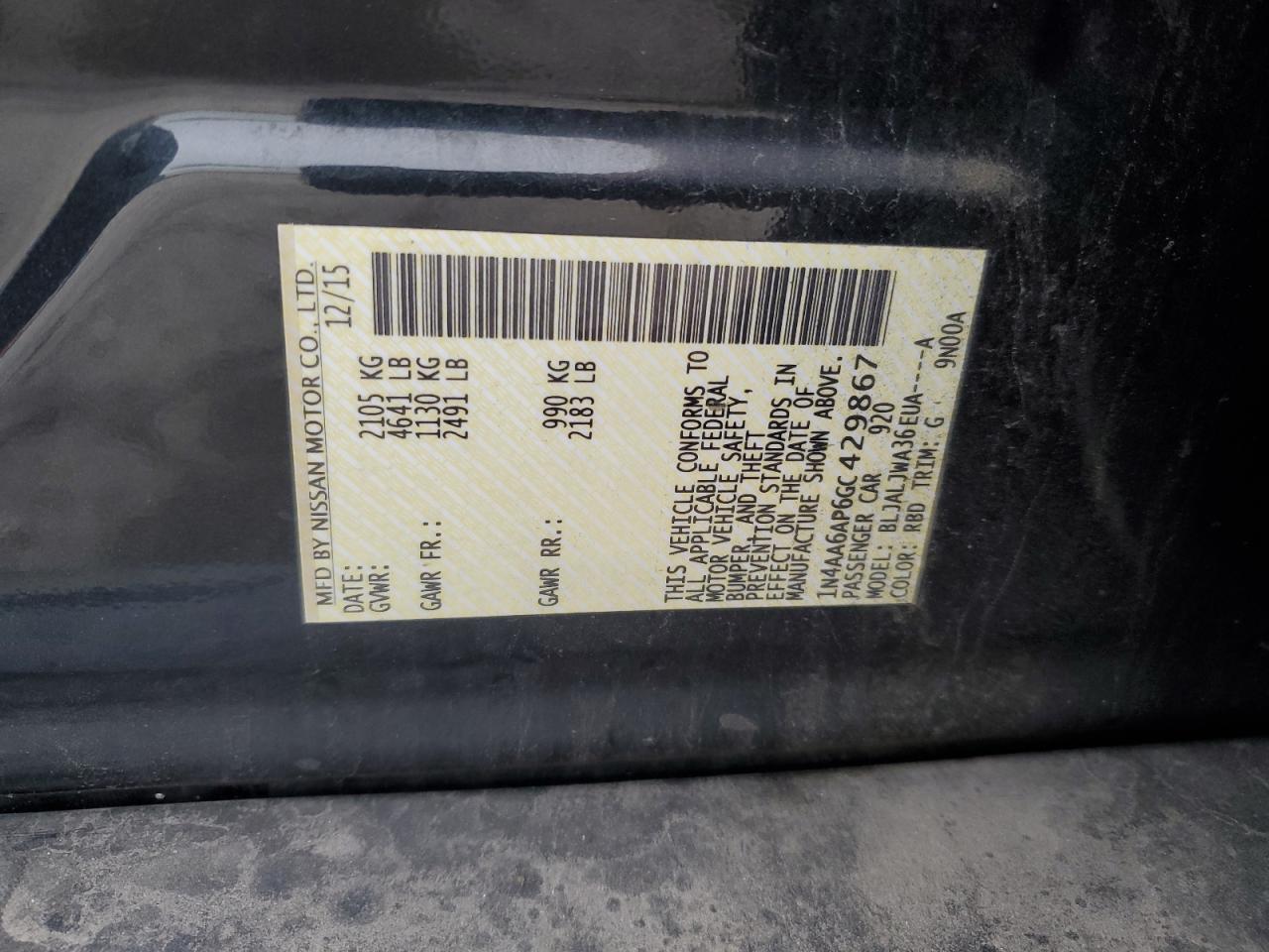 2016 Nissan Maxima 3.5S VIN: 1N4AA6AP6GC429867 Lot: 93764375