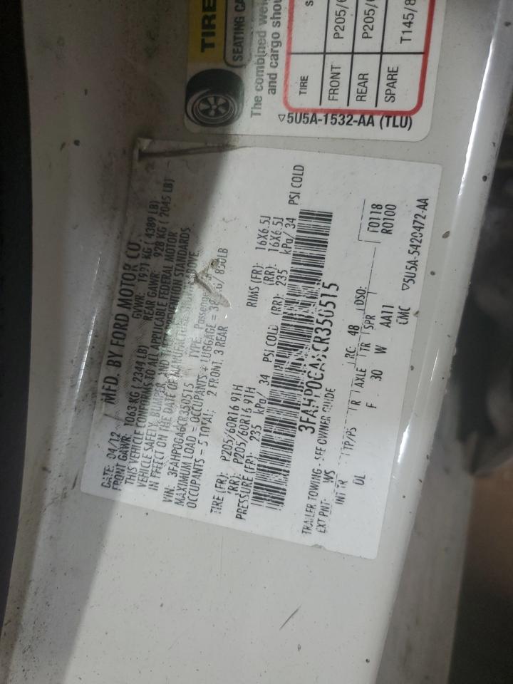 2012 Ford Fusion S VIN: 3FAHP0GA6CR350515 Lot: 93507955