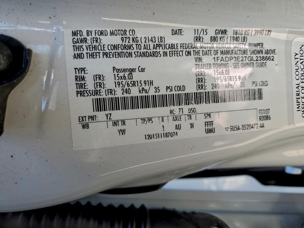 2016 Ford Focus S VIN: 1FADP3E27GL238662 Lot: 94382135