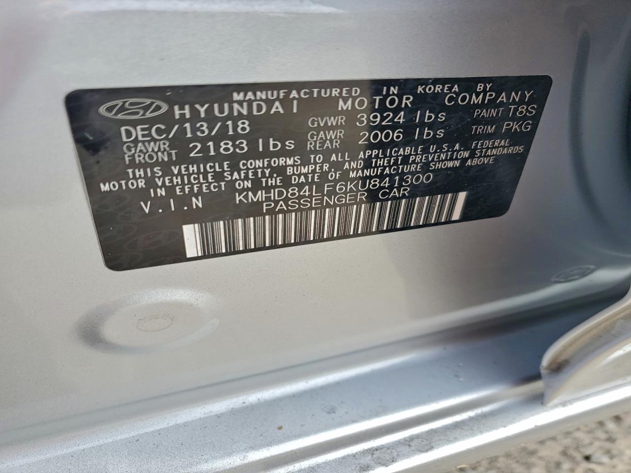 2019 Hyundai Elantra Sel VIN: KMHD84LF6KU841300 Lot: 94270155