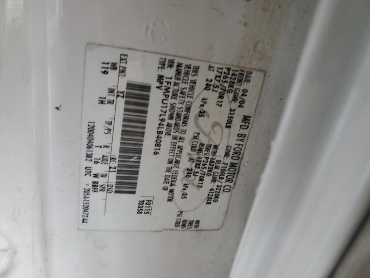 2004 Ford Expedition Eddie Bauer VIN: 1FMPU17L94LB40816 Lot: 92314015