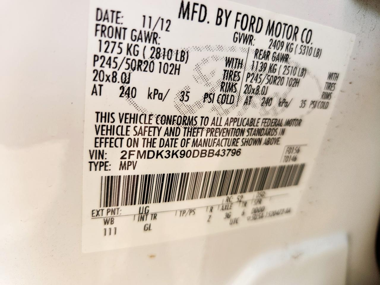 2013 Ford Edge Limited VIN: 2FMDK3K90DBB43796 Lot: 93412305