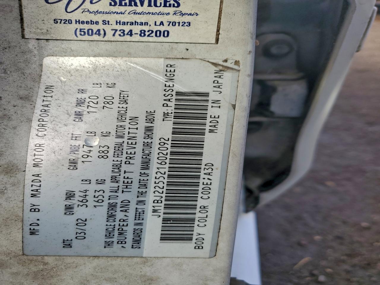 2002 Mazda Protege Dx VIN: JM1BJ225521602092 Lot: 94537785