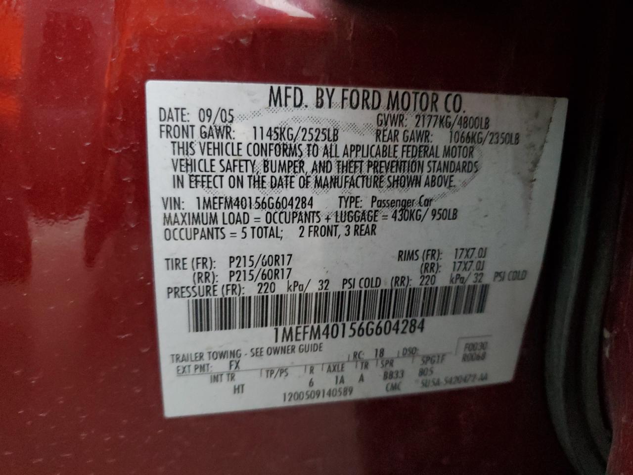 2006 Mercury Montego Luxury VIN: 1MEFM40156G604284 Lot: 91771605