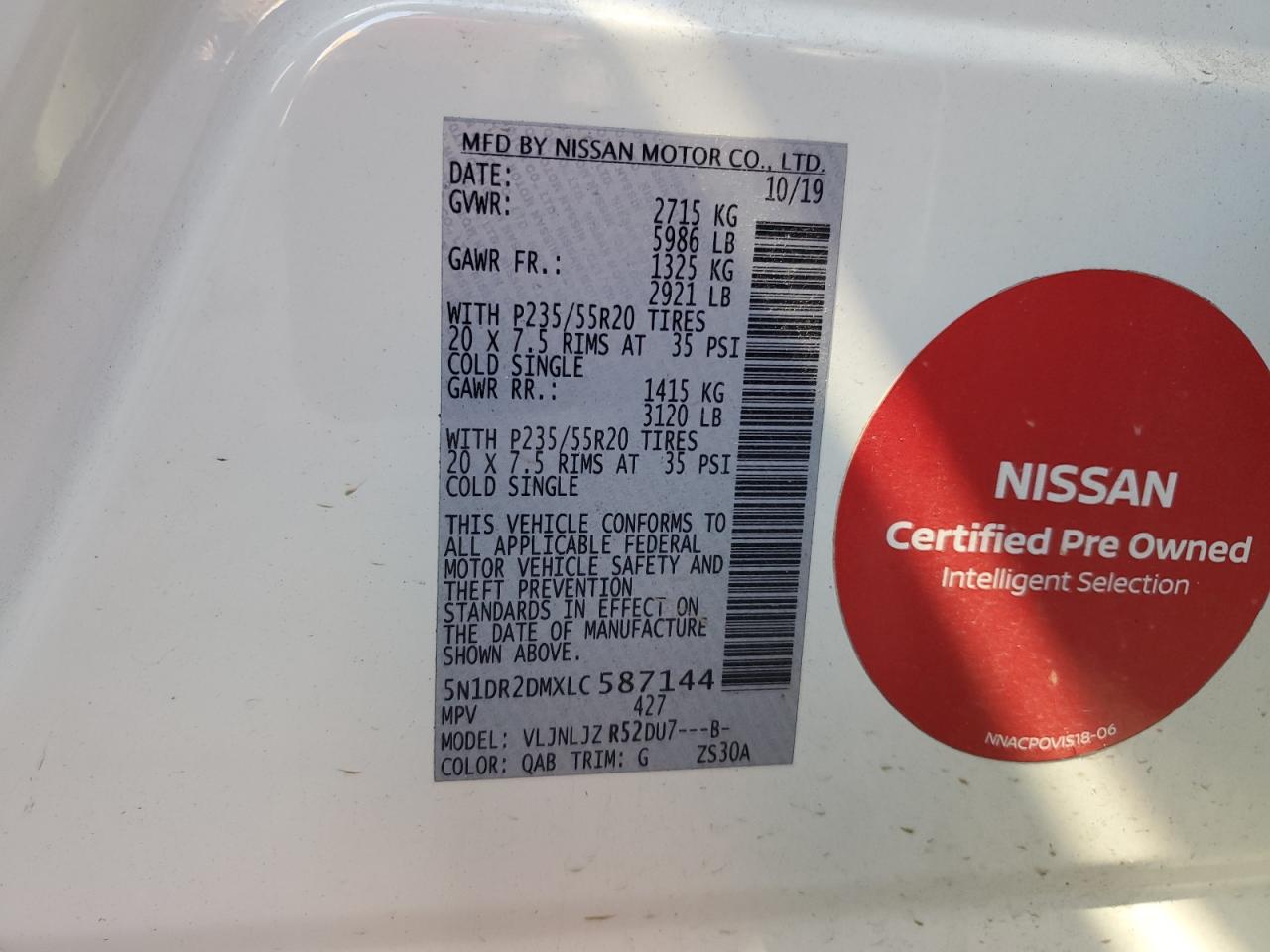 2020 Nissan Pathfinder Platinum VIN: 5N1DR2DMXLC587144 Lot: 91324785