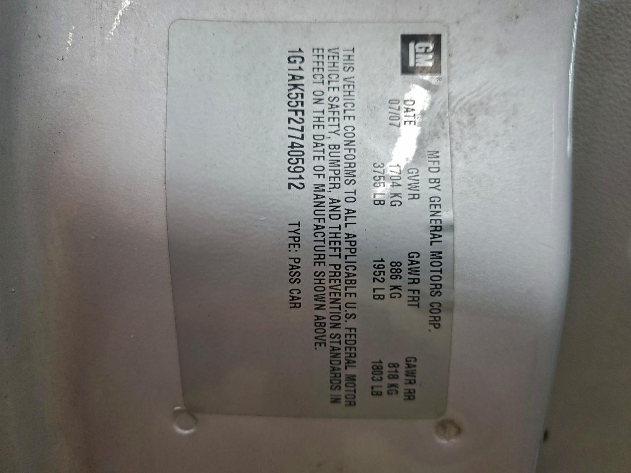 2007 Chevrolet Cobalt Ls VIN: 1G1AK55F277405912 Lot: 93131965