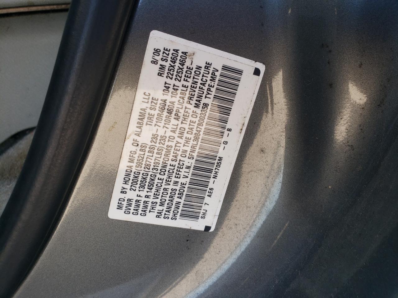 2007 Honda Odyssey Touring VIN: 5FNRL38847B003358 Lot: 92703125