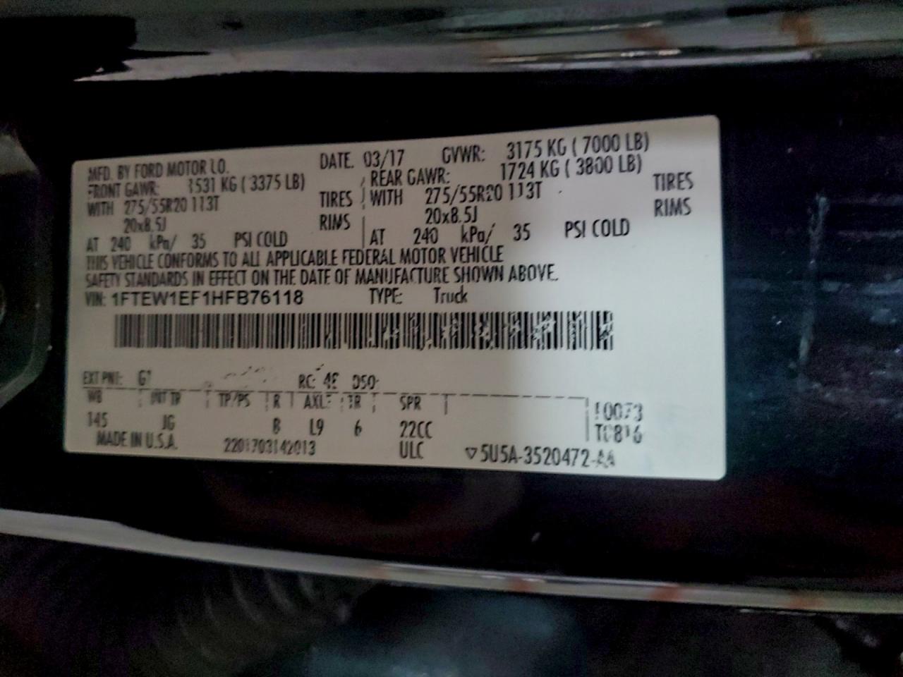 2017 Ford F150 Supercrew VIN: 1FTEW1EF1HFB76118 Lot: 94277765