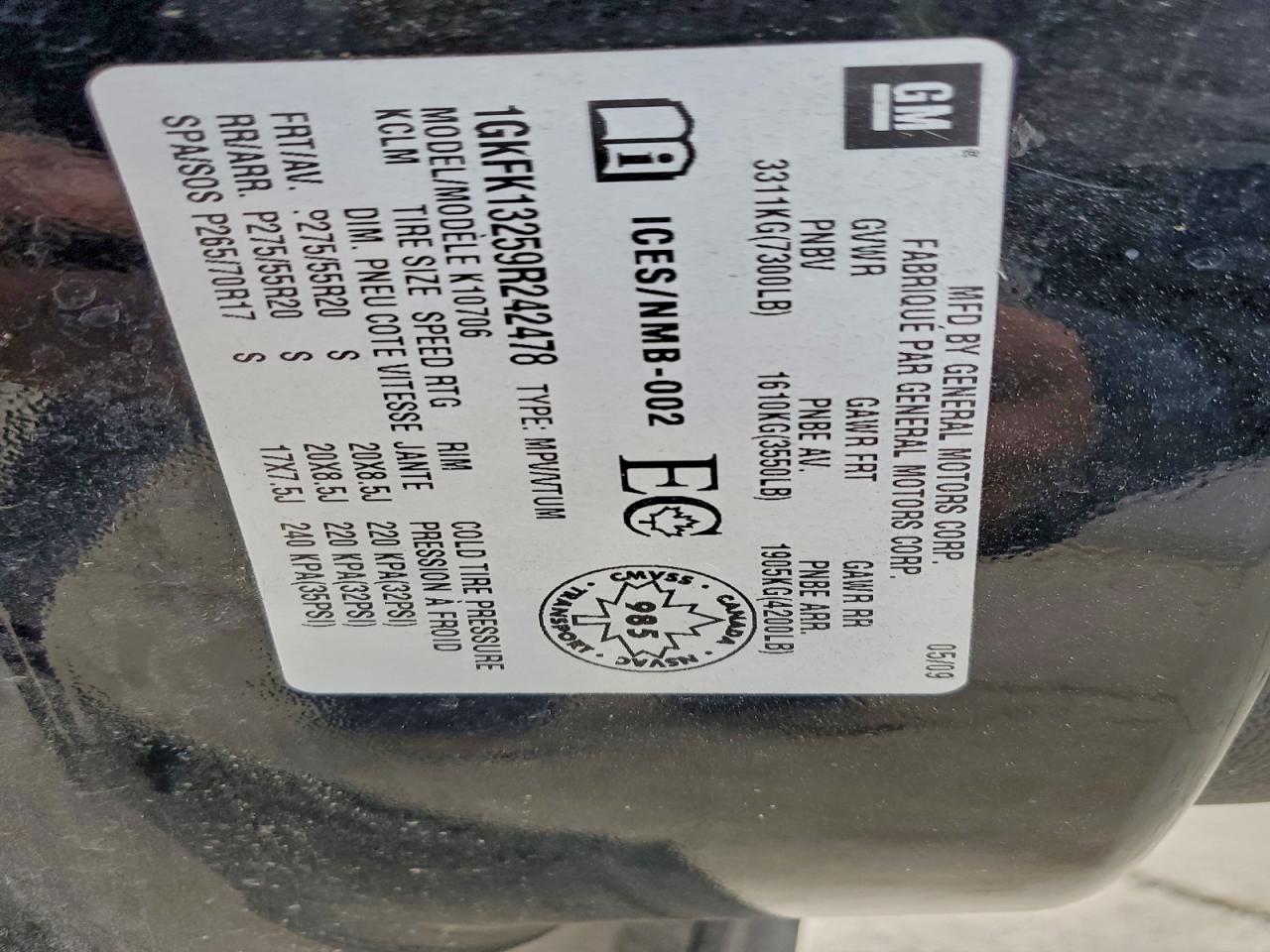 2009 GMC Yukon VIN: 1GKFK13259R242478 Lot: 94383535