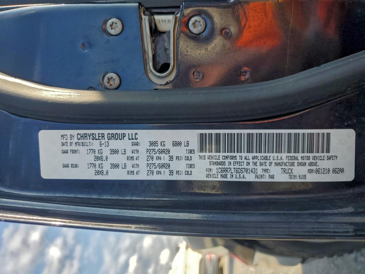 2013 Ram 1500 Slt VIN: 1C6RR7LT6DS701431 Lot: 94125425