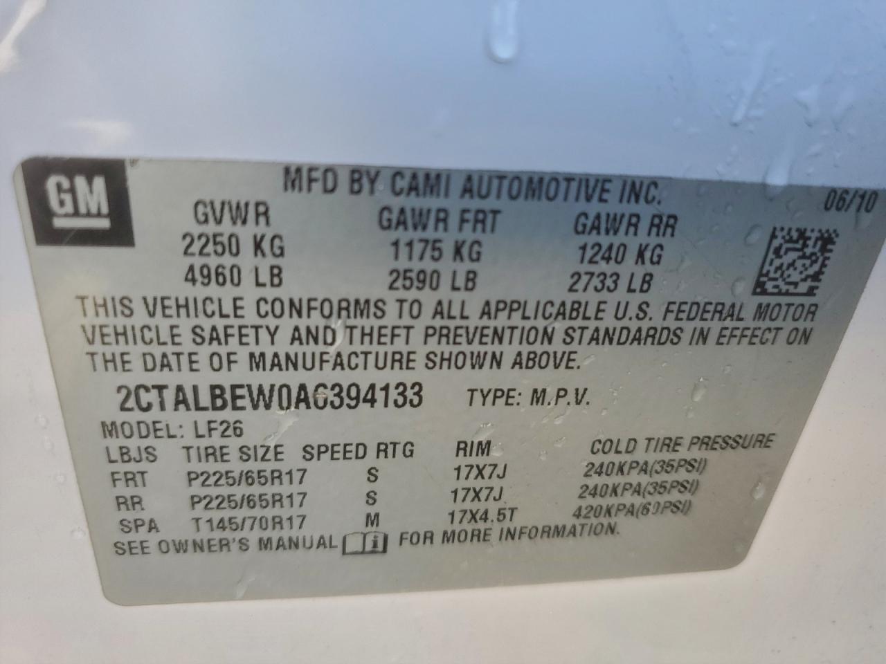 2010 GMC Terrain Sle VIN: 2CTALBEW0A6394133 Lot: 93681415