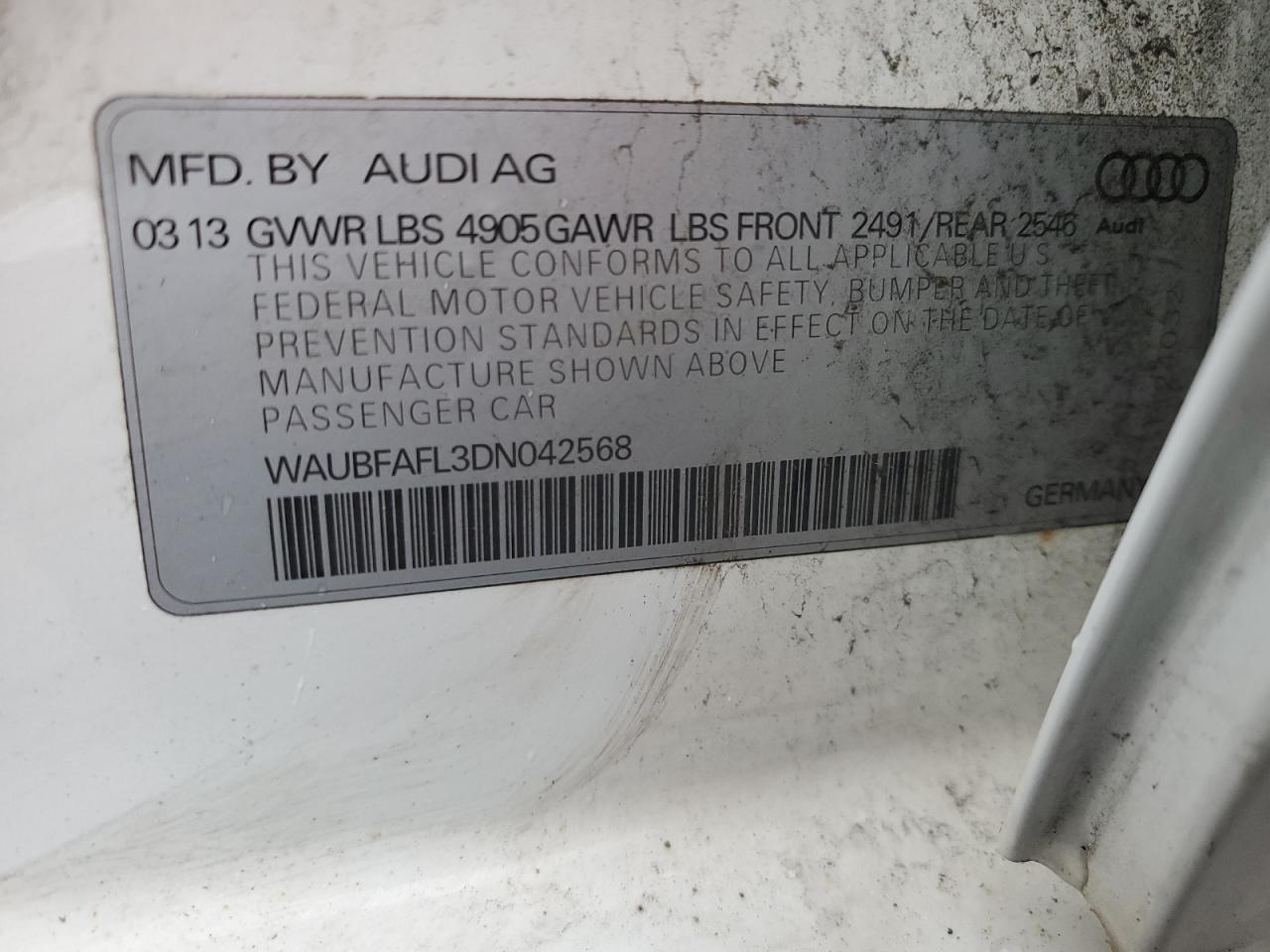 2013 Audi A4 Premium VIN: WAUBFAFL3DN042568 Lot: 93317805