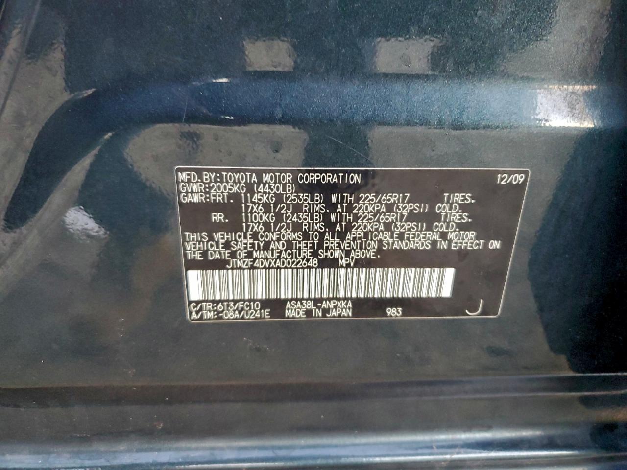 2010 Toyota Rav4 VIN: JTMZF4DVXAD022648 Lot: 94072615