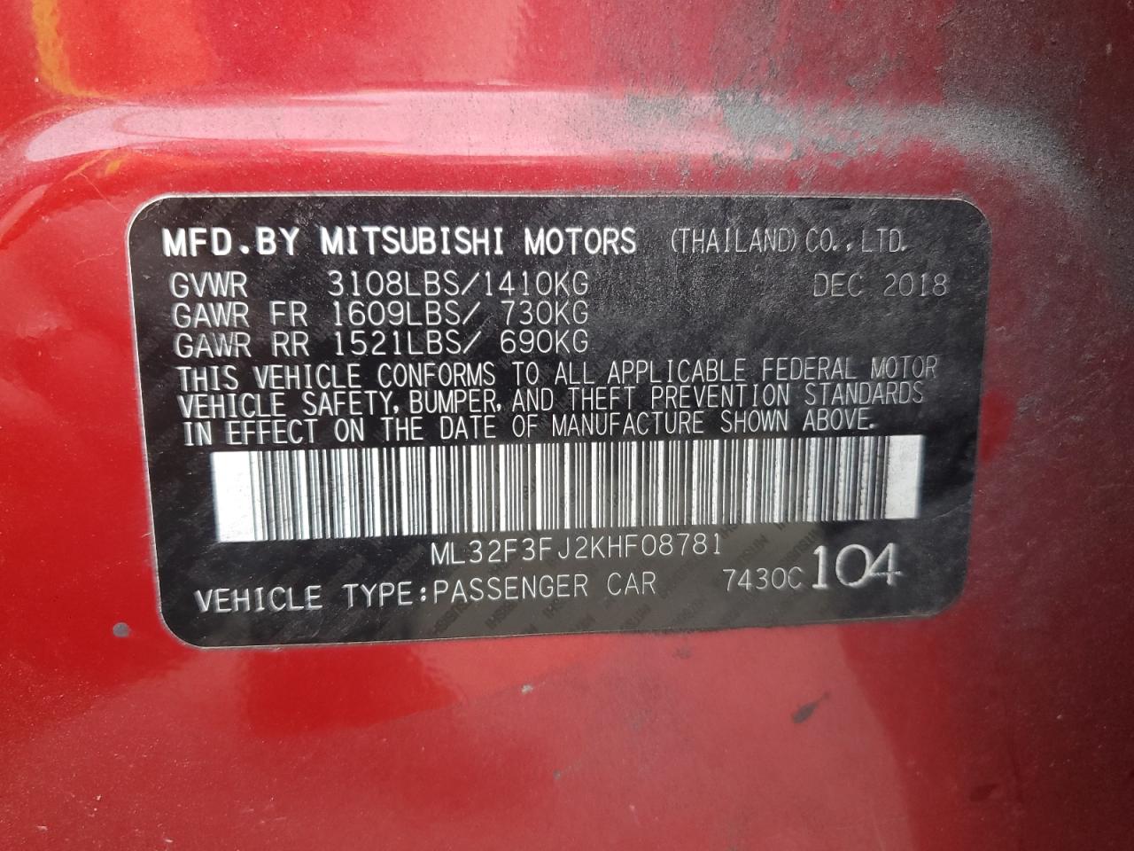 2019 Mitsubishi Mirage G4 Es VIN: ML32F3FJ2KHF08781 Lot: 93419575