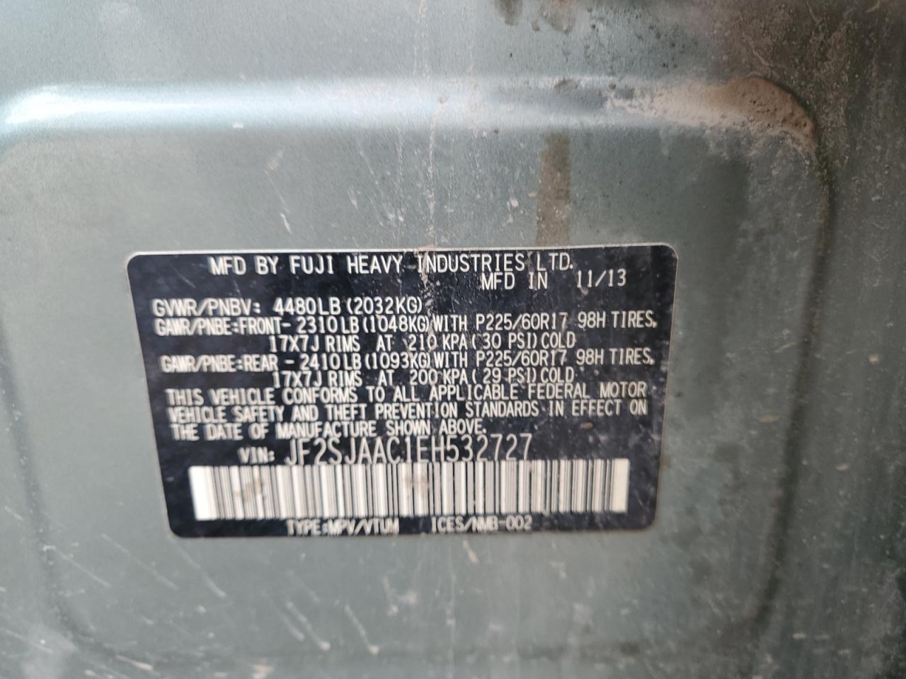 2014 Subaru Forester 2.5I VIN: JF2SJAAC1EH532727 Lot: 91178305